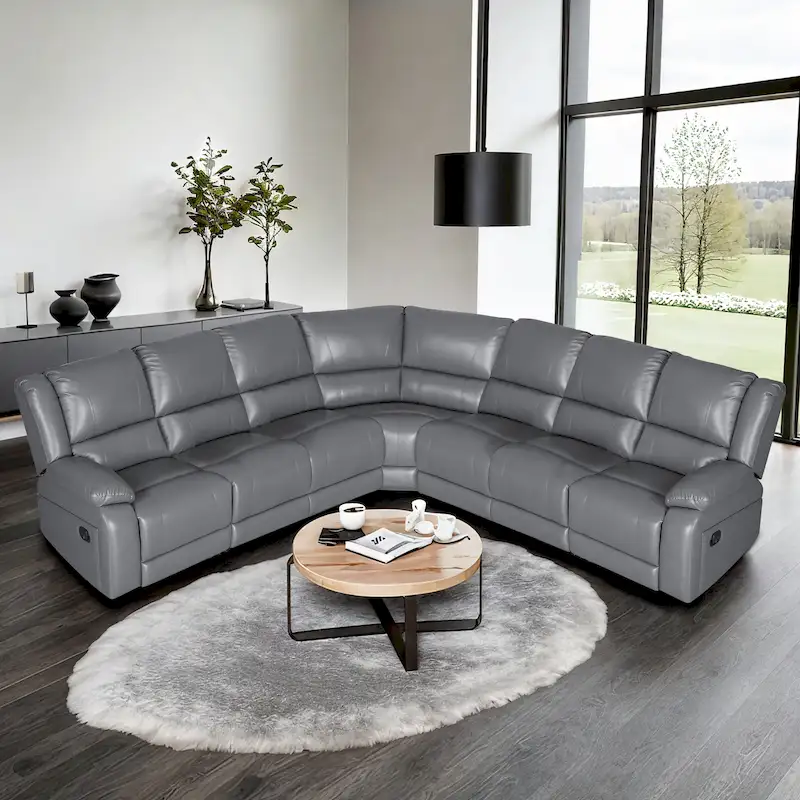 129W 7-Seat Faux Leather Manual Recliner Large Sectional Reclining Sofa