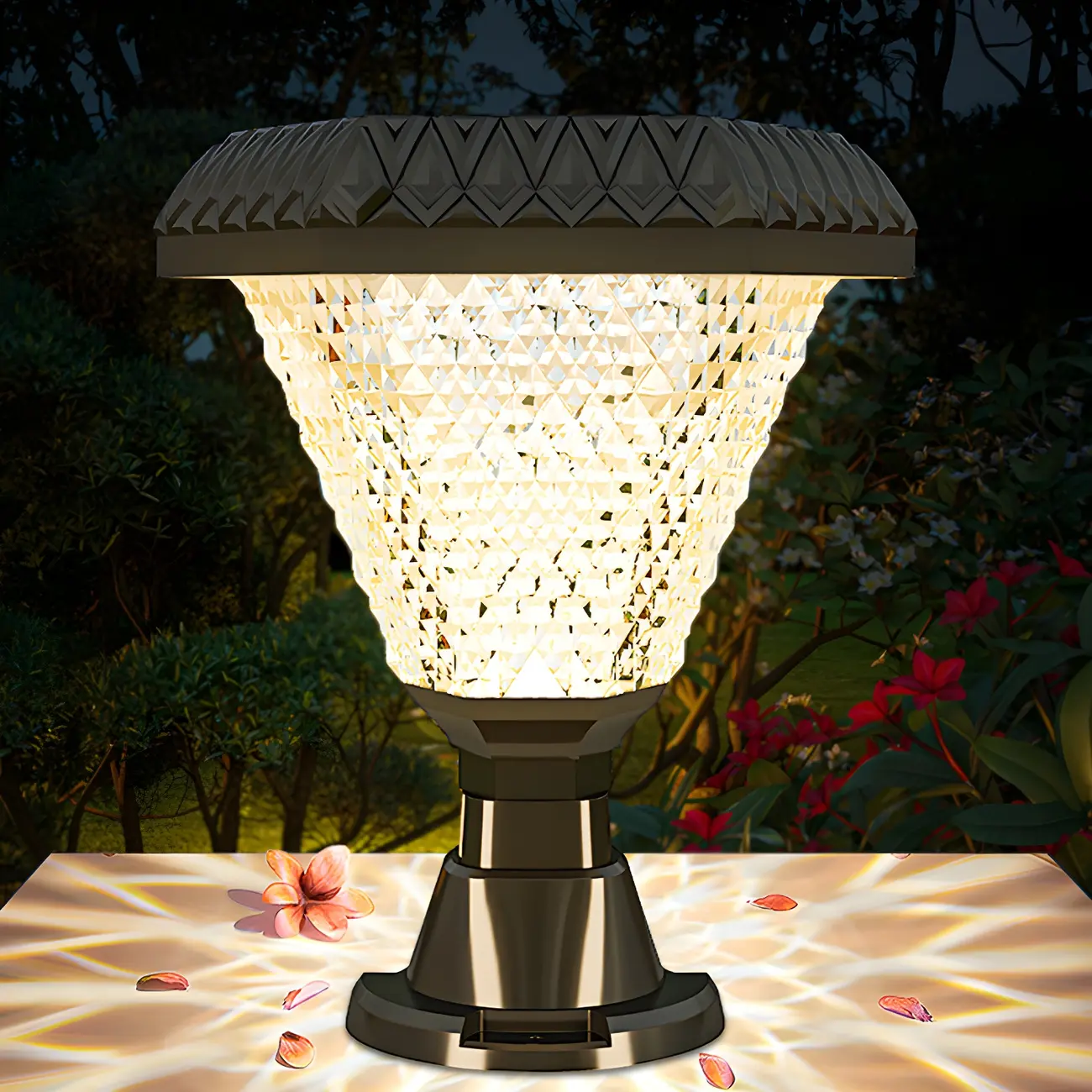 Faceted Hexagon Plastic Black Solar Outdoor Post Lights