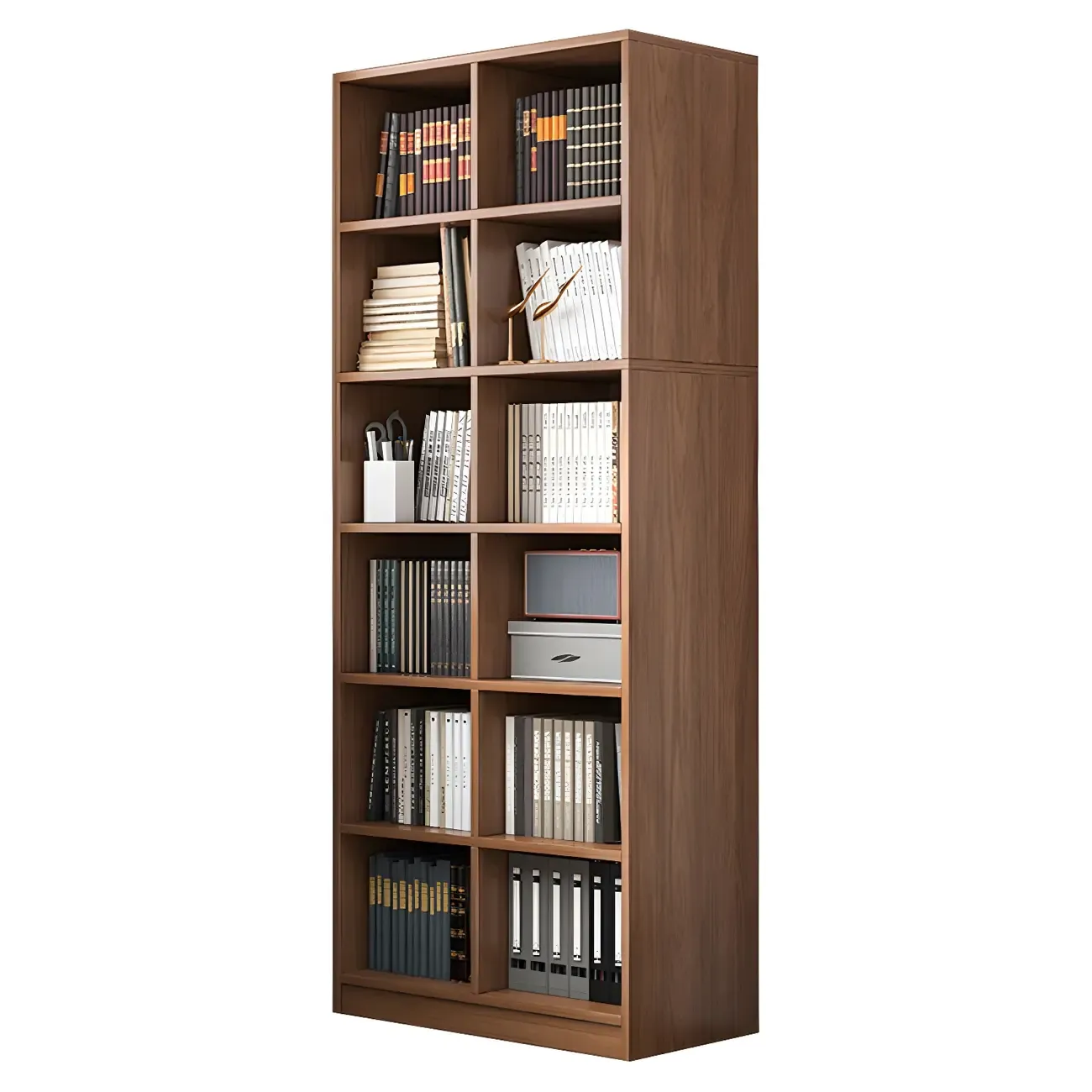Narrow Tall Brown Wood 6-Shelf Closed Back Bookcase