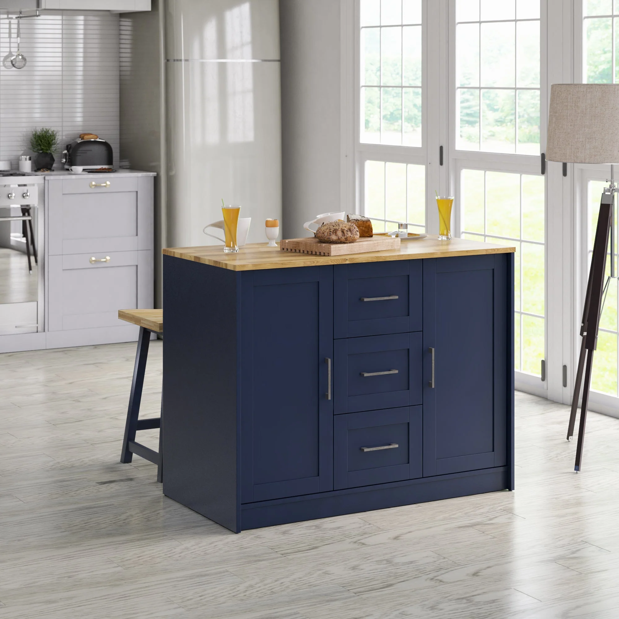 Classic Modern Kitchen Island with Butcher Block Top