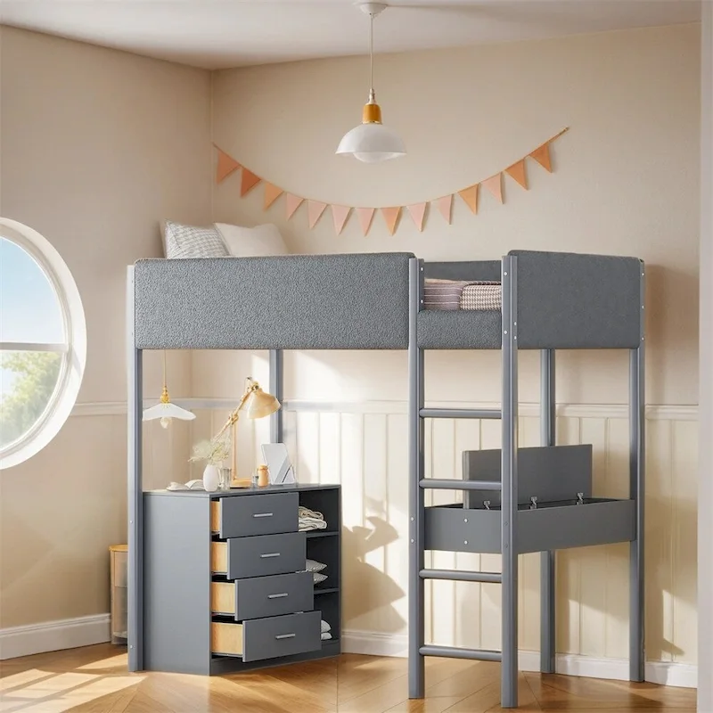Twin Size Wood Loft Bed with Storage and Convertible Desk