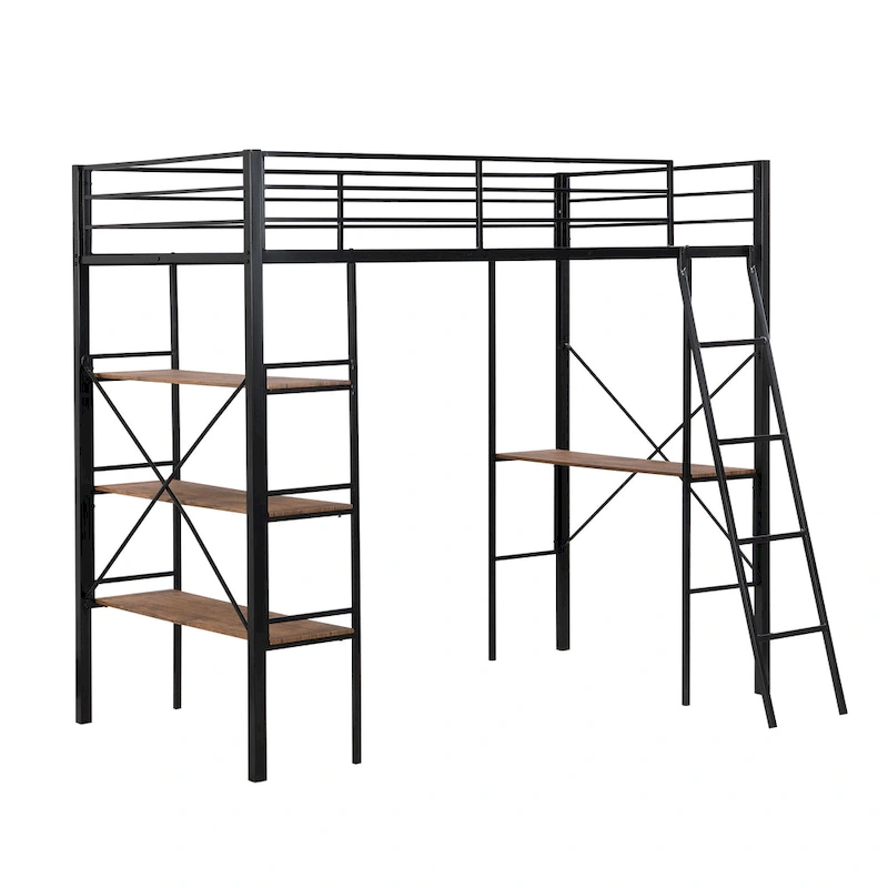 Black Twin Metal Loft Bed with Desk & Shelves
