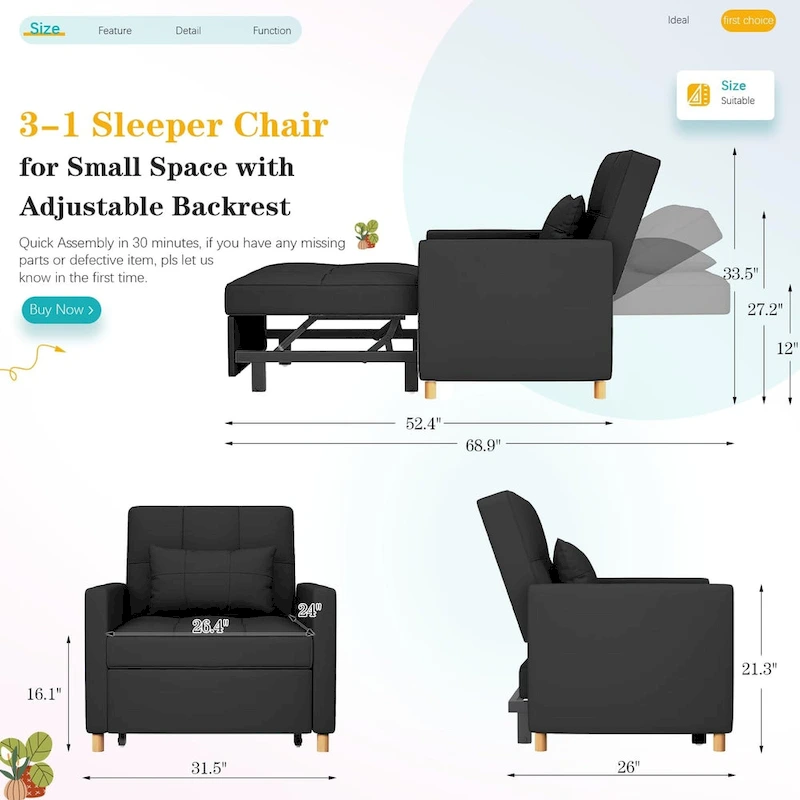 AECOJOY 3 in 1 Sleeper Sofa Chair w/ Pillow &Convertible Backrest
