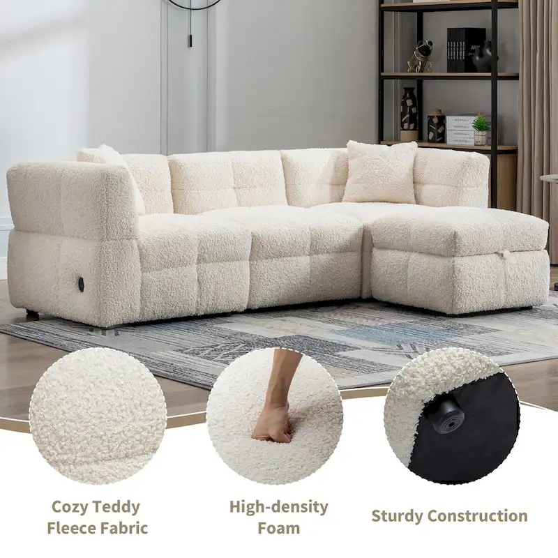 87.7  Sectional Sofa Cozy Teddy Fleece Fabric Sectional Sofa Couch