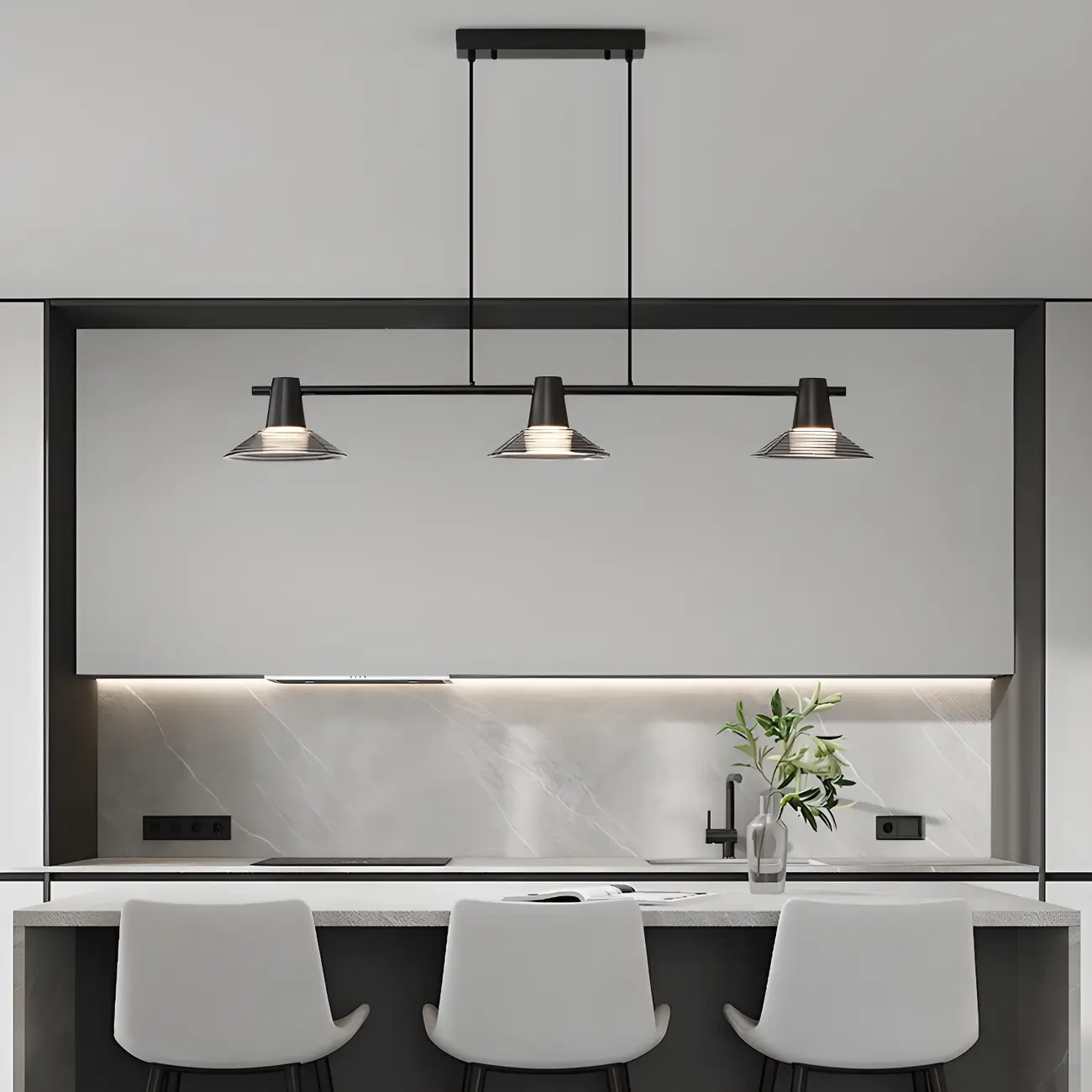 Modern Black Cone Glass 3-Light Island Light