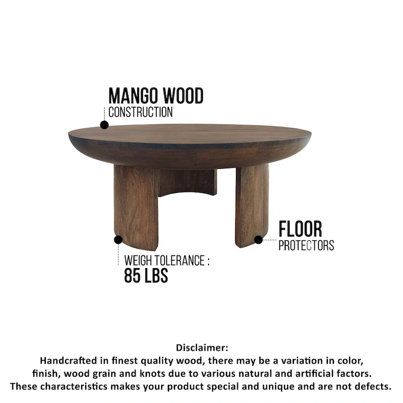 35 Inch Coffee Table, Handcrafted Round Mango Wood Top, Modern Curved Tripod Legs, Walnut Brown