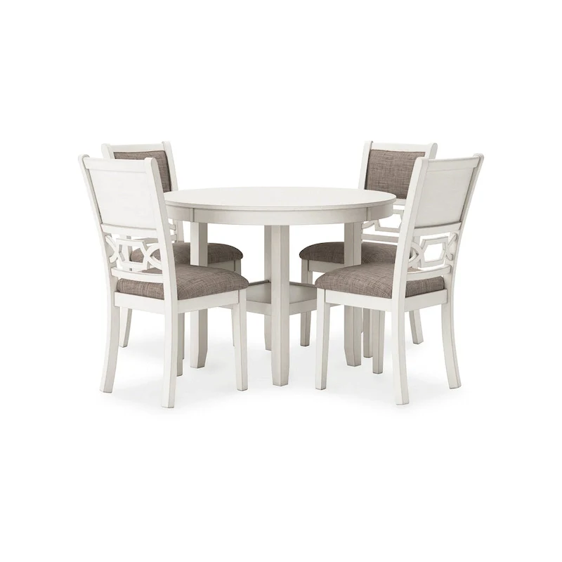 Berg 5pc Round Dining Table Set, Gray White Wood, 4 Padded Chairs