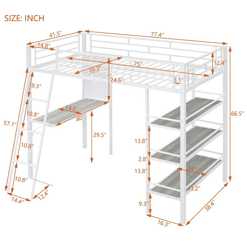 Twin Metal Loft Bed with Built-in Desk