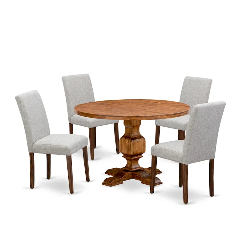 East West Furniture Dining Table Set- a Round Dining Table and Doeskin Parson Chairs, Antique Walnut (Pieces Option)