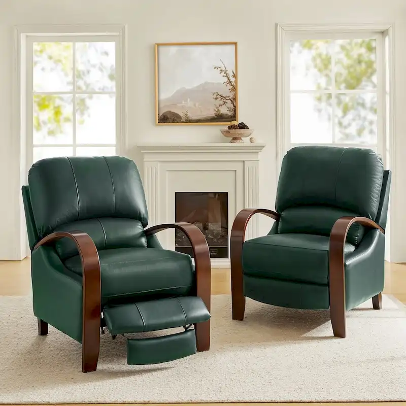 Alex Mid-century Modern Cigar Genuine Leather Manual Recliner with Wooden Curved Arms, Set of 2