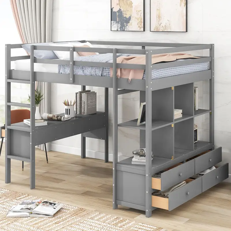 Full Size Loft Bed with Built-In Desk with Multi Drawers and Storage Shelves