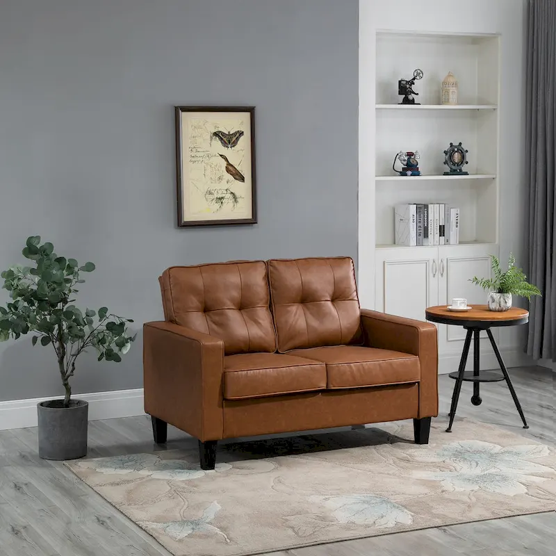 HOMCOM 51  Wide Double Sofa with Armrest, 2-Seater Tufted PU Leather and Pocket Spring Sponge Padded Cushion, Brown