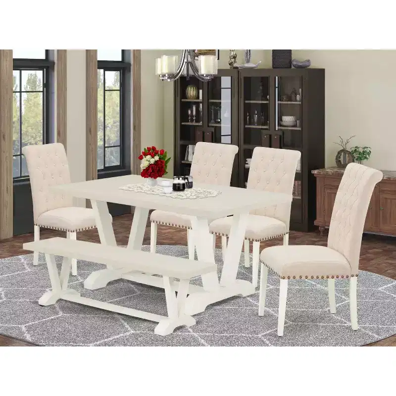 HomeStock 6-Pc Natural Oak Finish Solid Wood Top dining Table with 1-Bench and 4-Chairs