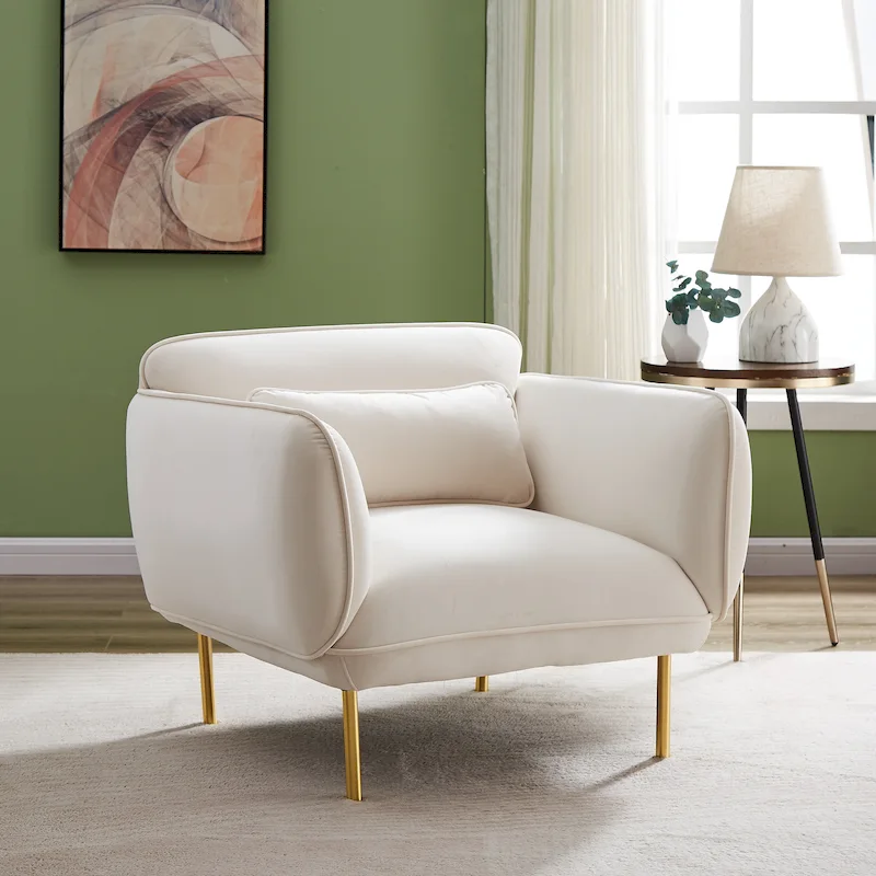 Beige Modern 36.61 Velvet Upholstered Accent Chair with Sturdy Metal Legs for Living Room