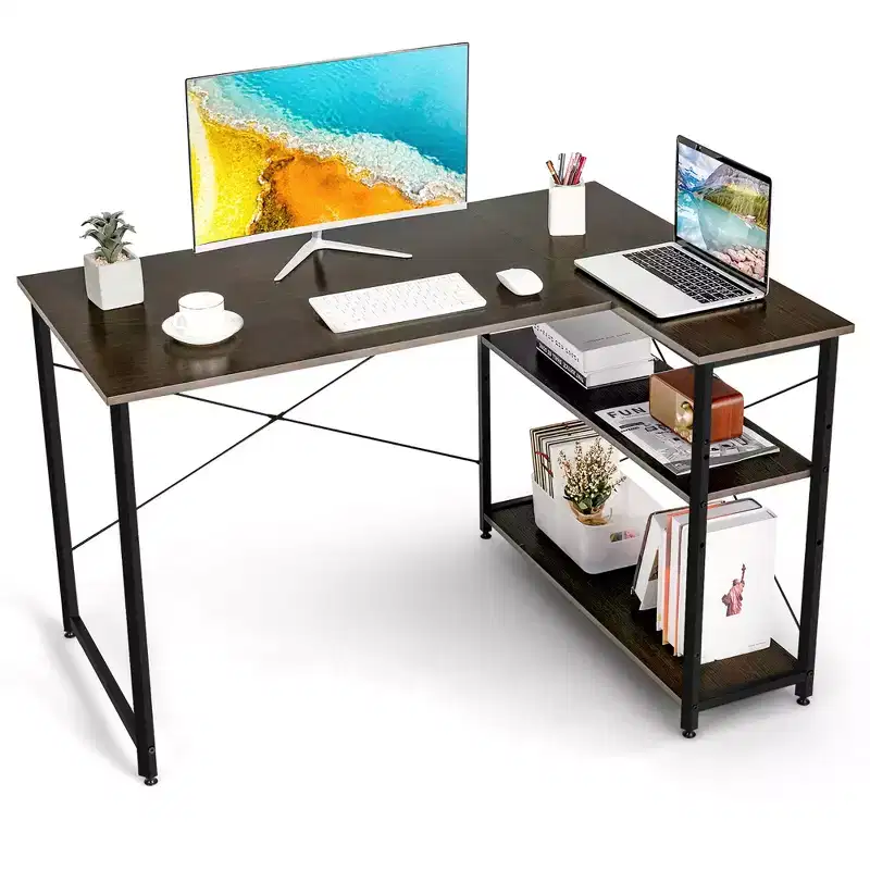 48'' Reversible L Shaped Computer Desk Home Office Table Adjustable Shelf Brown\Gray\Natural