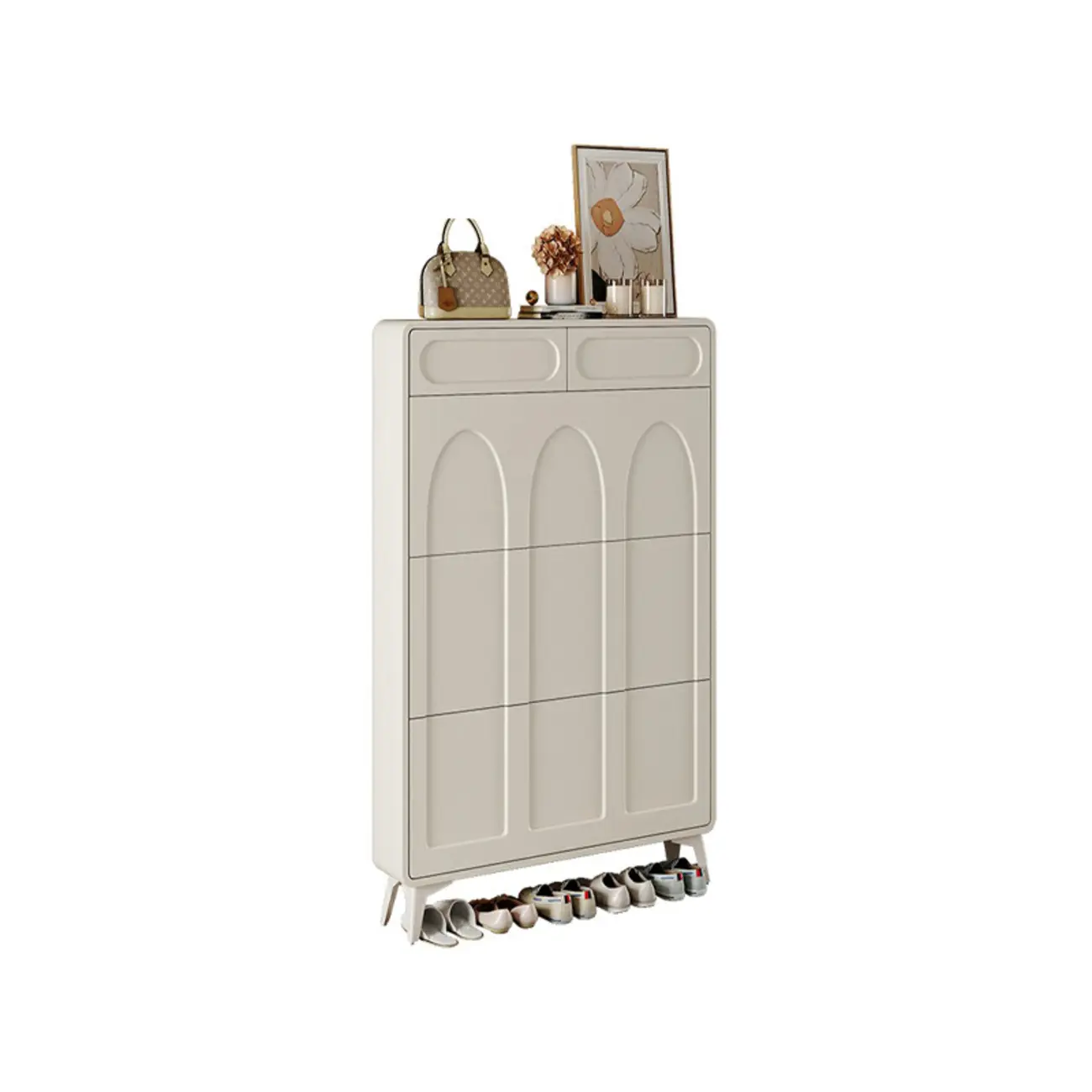 Vertical Slim White Wooden Drop Front Shoe Cabinet