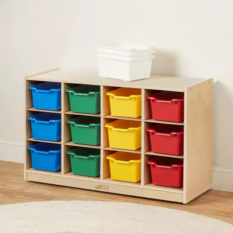 ECR4Kids 12 Cubby Mobile Tray Cabinet and 15 Scoop Front Bins, 3x4, Kids Furniture