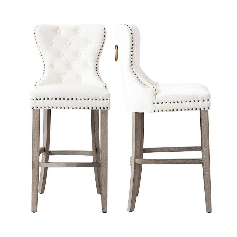 Carter 29 Wingback Tufted Nailhead Bar Stool (Set of 2), Antique Grey Legs