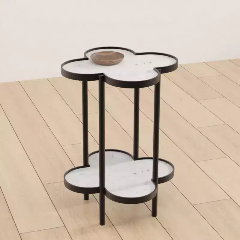 Side End Table, Genuine Marble Clover Shape Top With Iron Frame