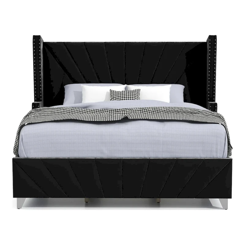 Ambrosia Glam Black Fabric Upholstered Nailhead 5-Piece Panel Bedroom Set by Furniture of America