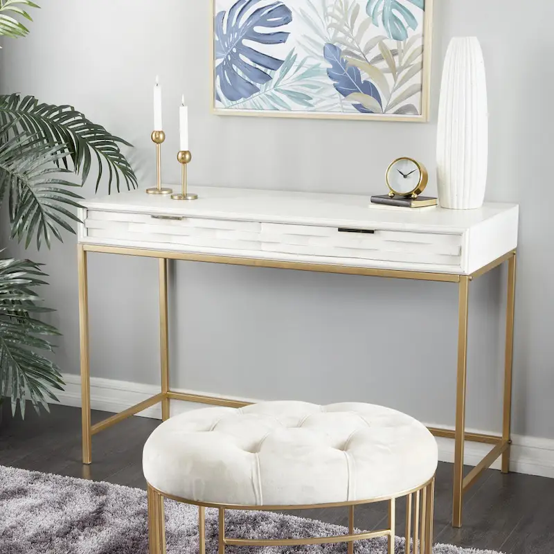 Console Table with Gold Metal Frame & 2 Drawers – White, Single