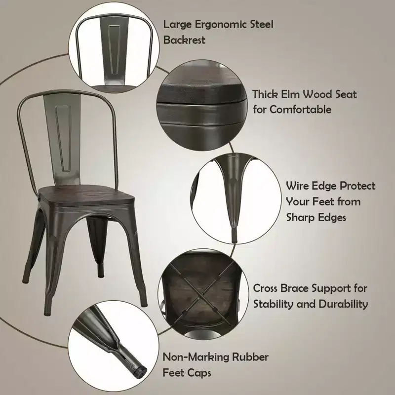 Costway Set of 4 Modern Metal Dining Side Chair Wood Seat Stackable Bistro Cafe