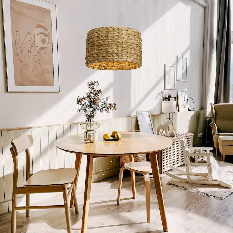 Bella Metal and Handwoven Wicker Drum Ceiling Light - 16.0 L x 16.0 W x 10.0 H