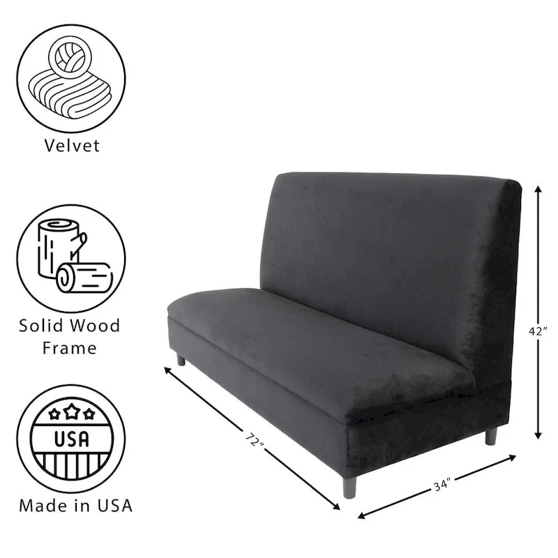 72-Inch Mid-Century Modern Black Velvet Booth Seating with Solid Wood Frame, 900 lbs Capacity for Restaurant