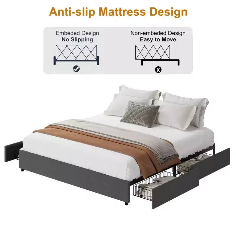 Bed Frame with 4 DrawersFabric Upholstered, Easy Assembly