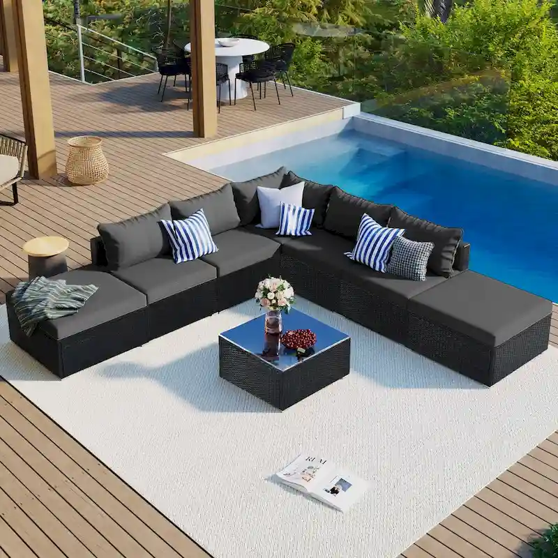 Gray Stylish Patio Furniture Set with Tempered Glass Table