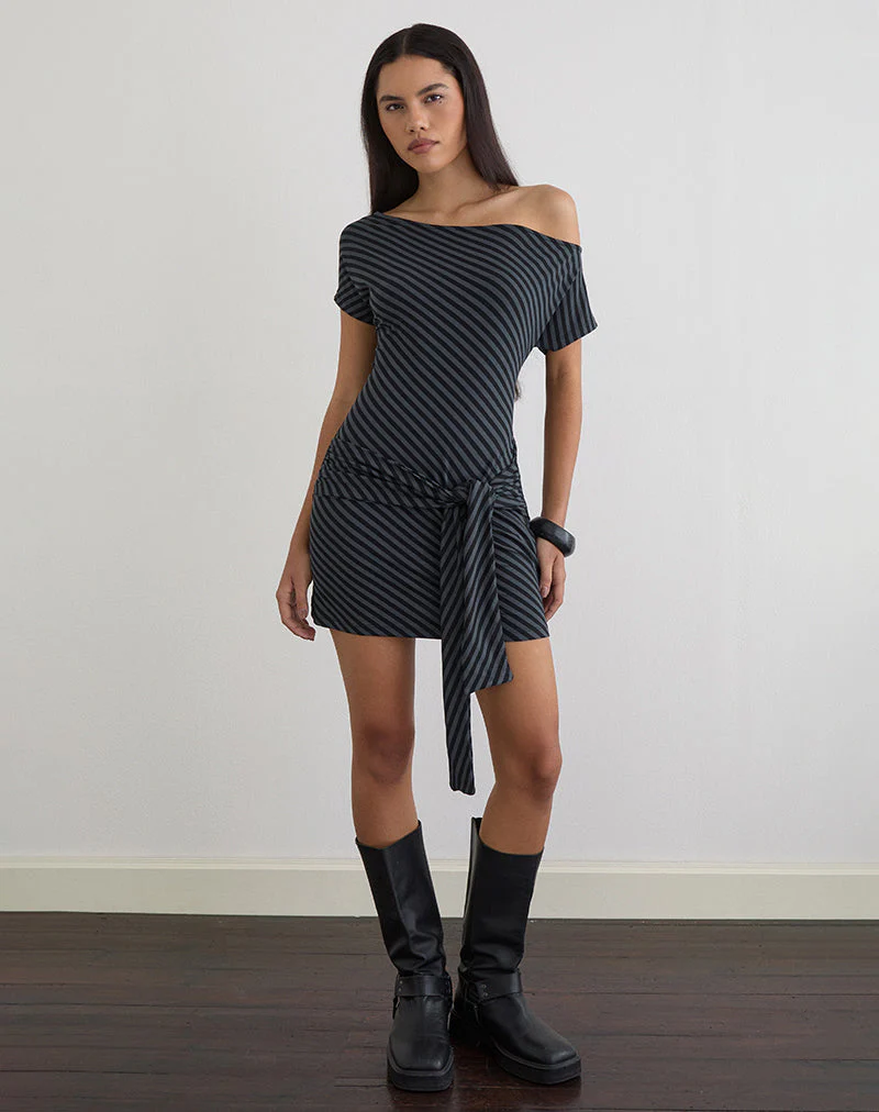 Genya Mini Dress in Oblique Stripe Ocean Storm