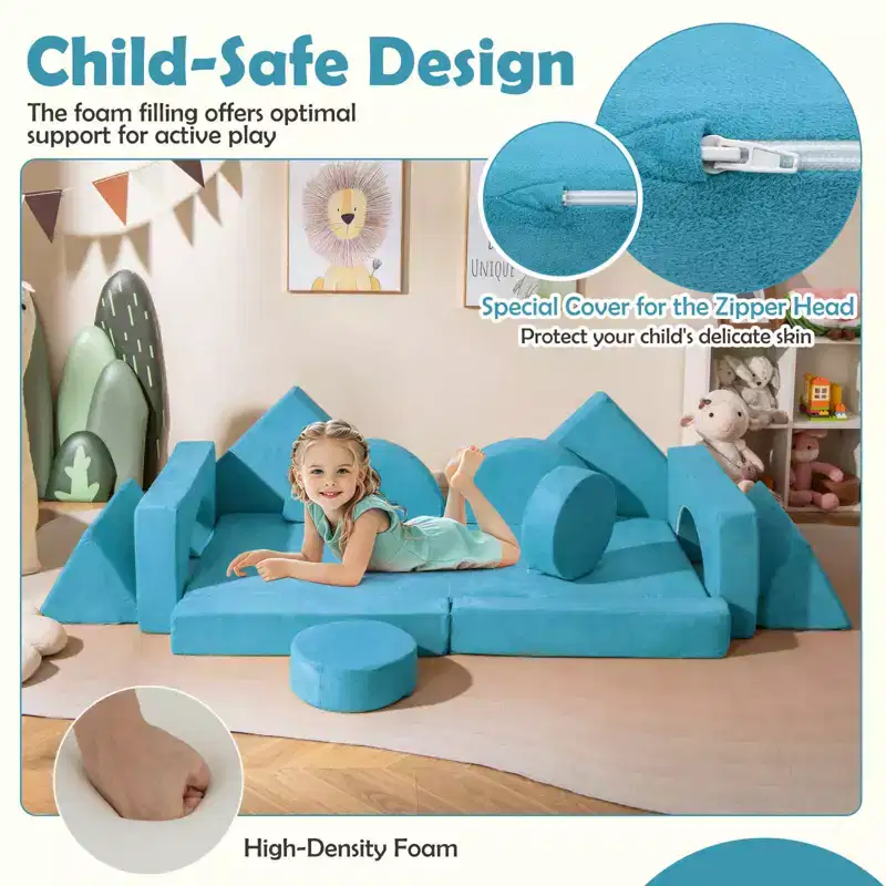 Costway 14 PCS Modular Kids Play Couch Child Sectional Sofa Toddler Soft Playset Blue/Gray/Yellow