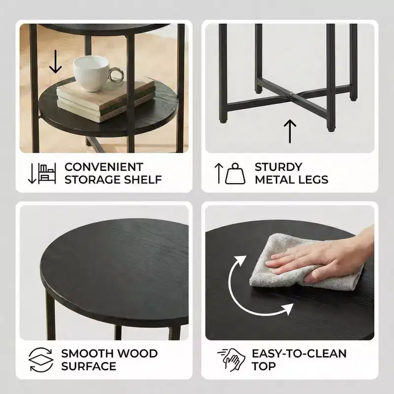 Homy Casa Round 2-Tier End Table with Metal Frame and Wood Shelves, Black Oak