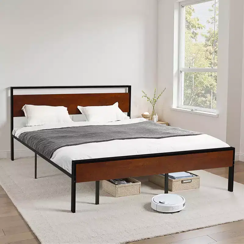 VEVOR King Size Bed Frame, 14 Inch Black Metal Platform Bed Frame with Retro Brown Wooden Headboard and Footboard, Large Under-Bed Storage, Brown