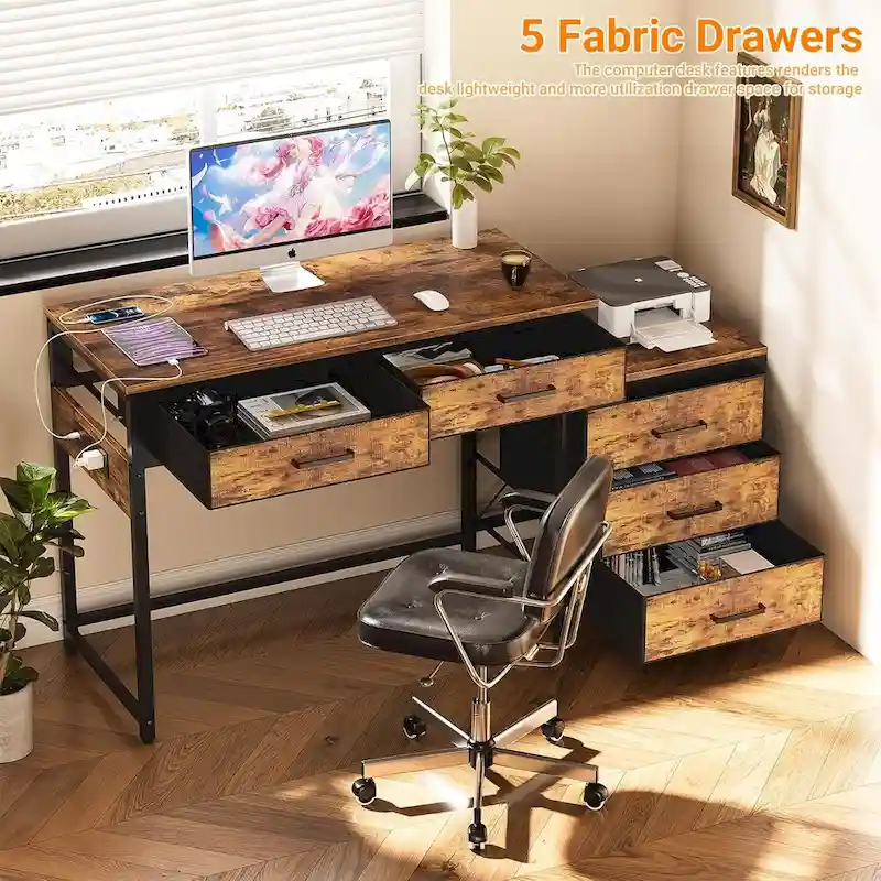 55 Computer Desk with 5 Fabric Drawers,Home Office Desk with Power Outlets  Printer Stand