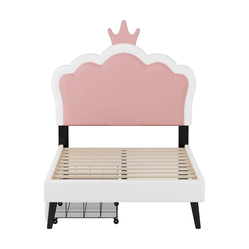 Upholstered Princess Bed with Crown Headboard & Drawers