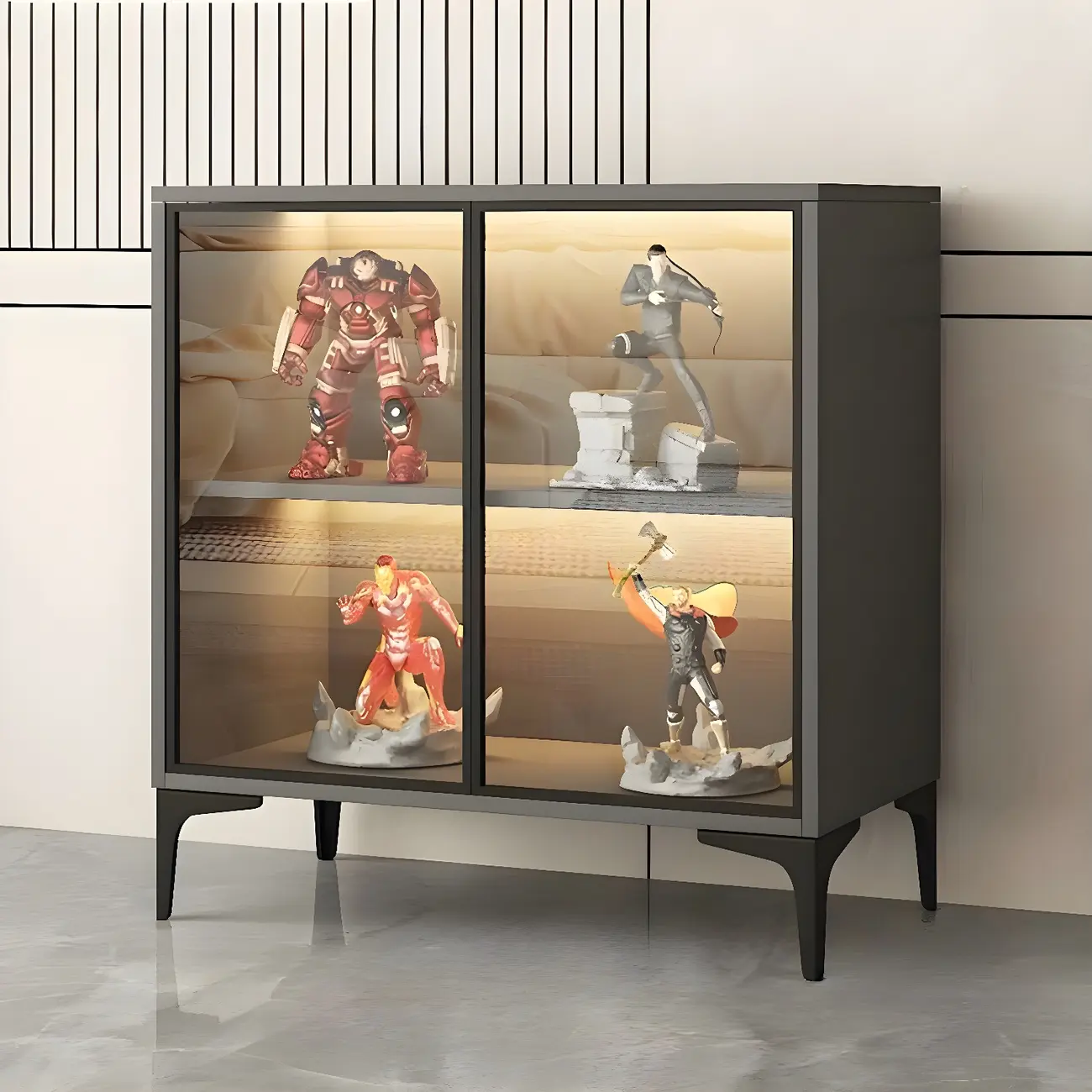 Freestanding Black Tempered Glass Wood Display Cabinet