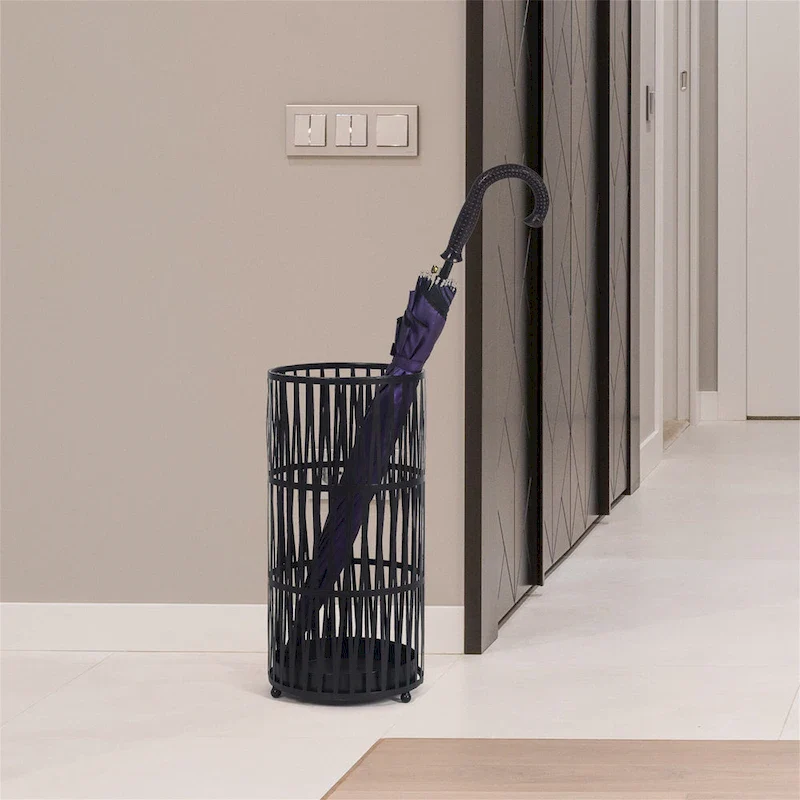 ADECO Stand Gold / Black Round RackMetal Umbrella Cane Walk Stick Drip Tray - 9. 2 x9. 2 x19