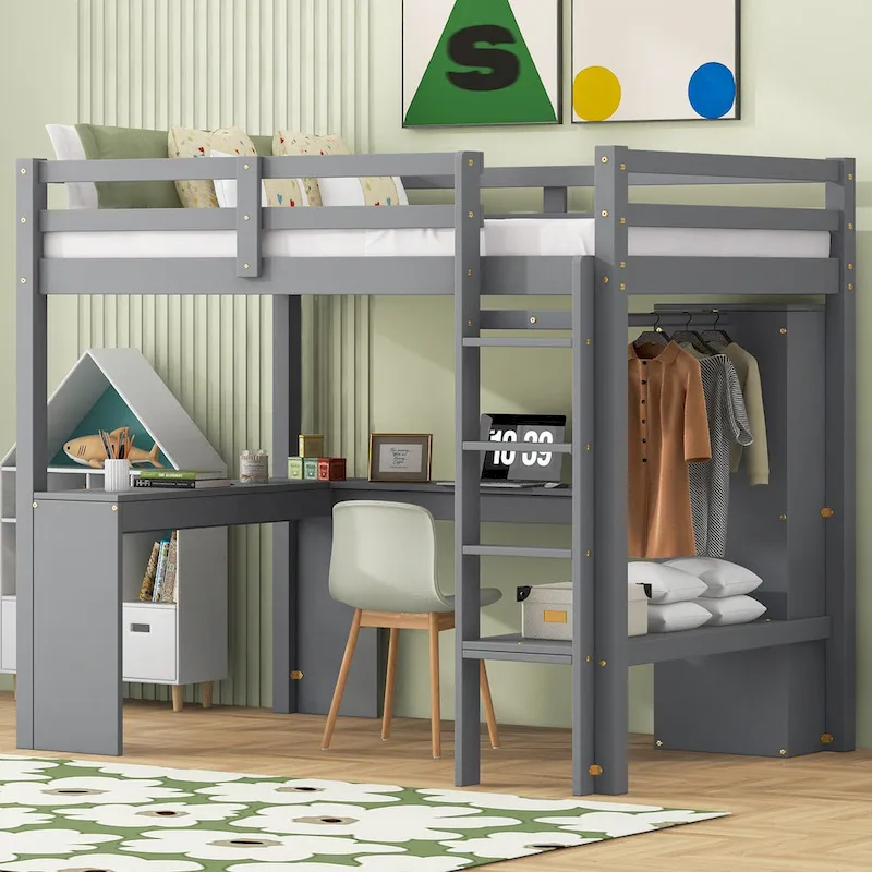 Twin Size Wooden Loft Bed with L-shaped Desk, Wardrobe and Storage Shelves
