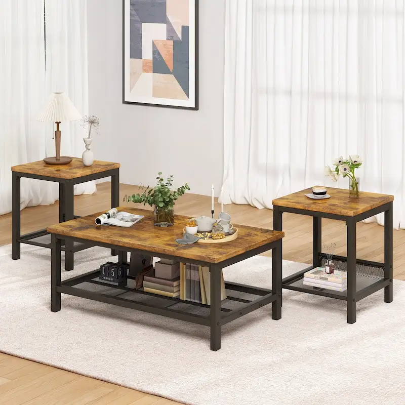 Coffee Table Set of 3, Coffee Table with 2 Square End Side Tables, Living Room Table Set for Home Office