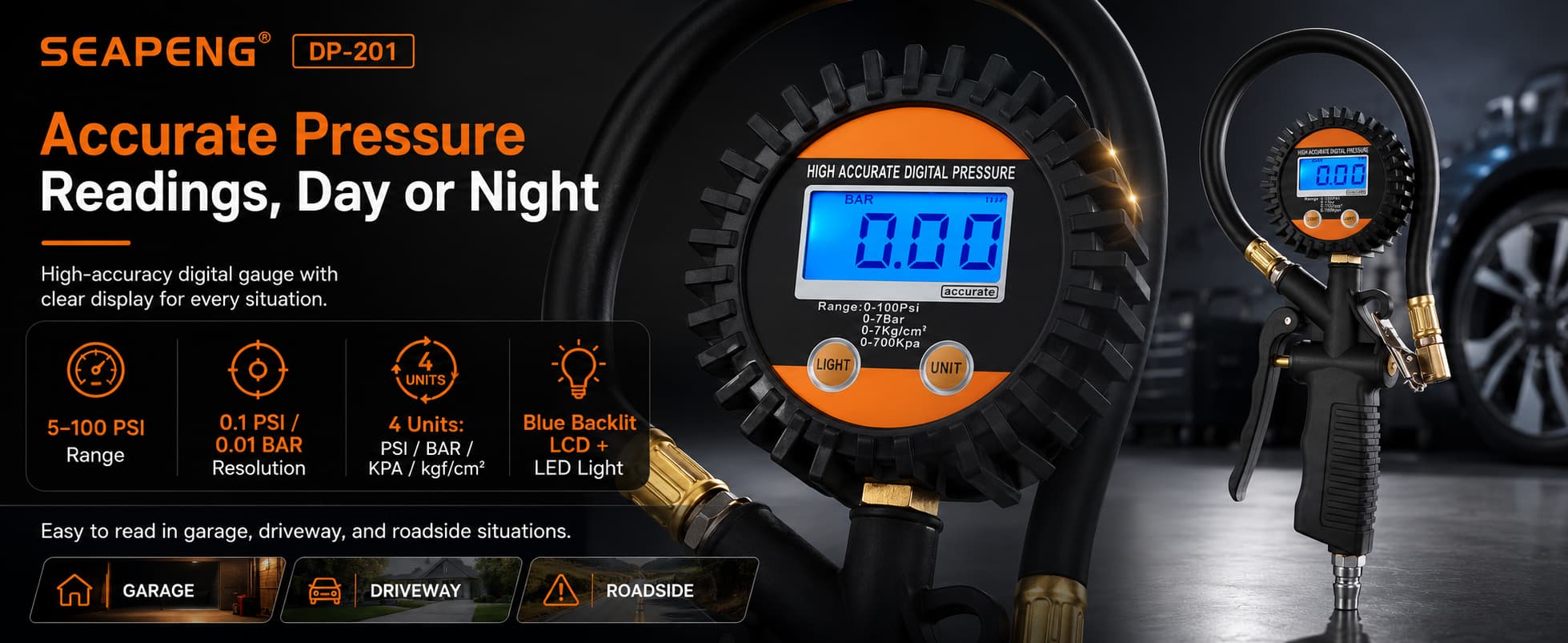 SEAPENG DP-201 digital tire inflator gauge with rubber hose and brass tire chuck