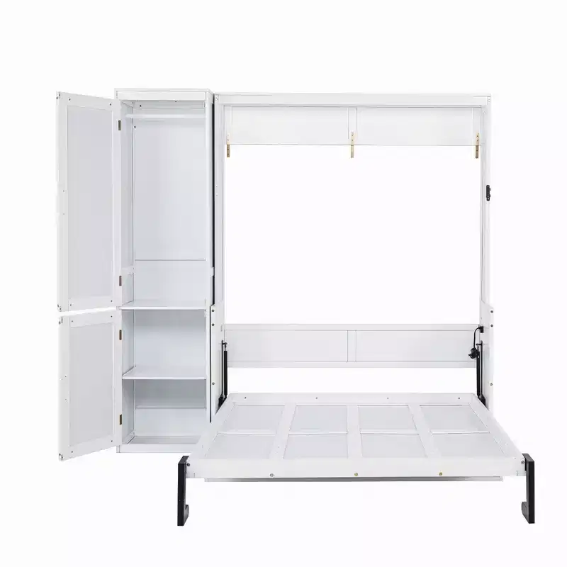 White Queen Murphy Bed with Wardrobe & Desk, 2–3 Person Assembly