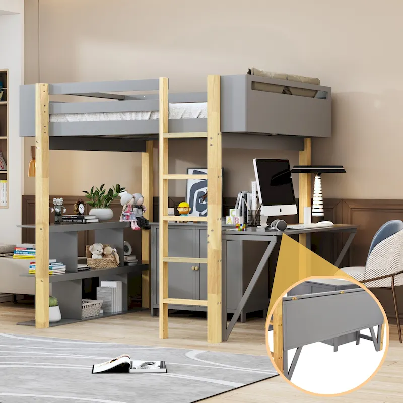 Wood Loft Bed With Built-in Storage Cabinet, Cubes and Foldable desk