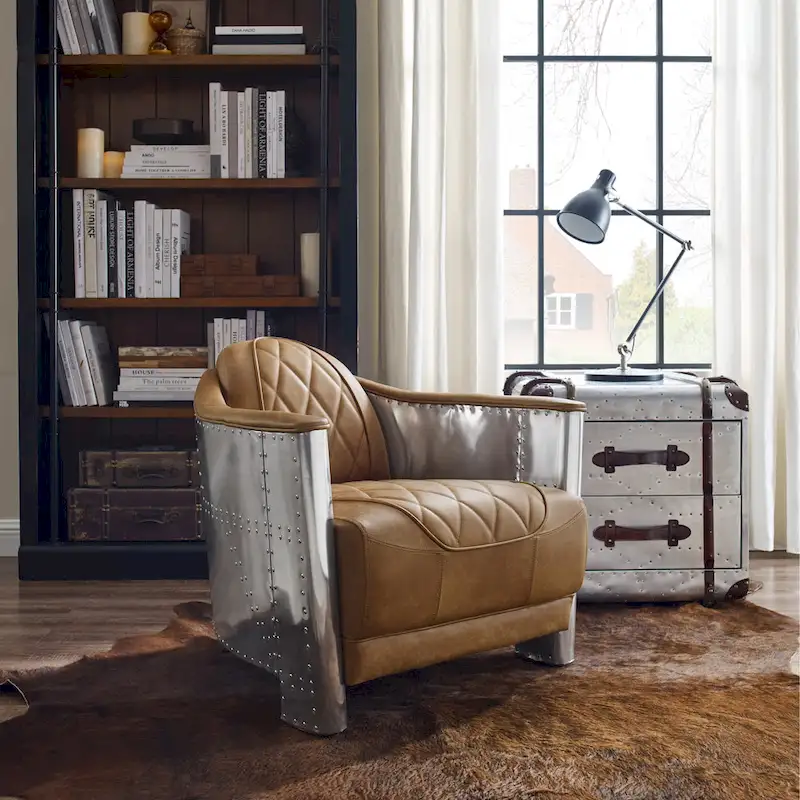 Art Leon IndustrIal Retro Top Grain Leather & Aluminum Accent Chair