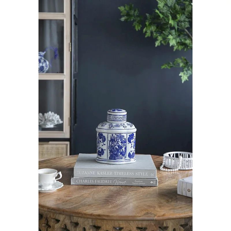 A&B Home Ren Blue and White Oval Jar with Lid