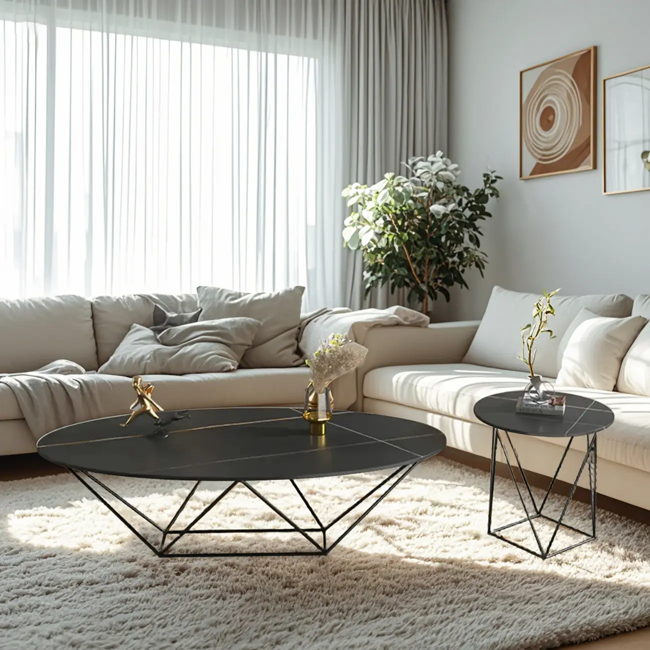 Stylish Metal Black Oval Coffee Table with Geometric Base