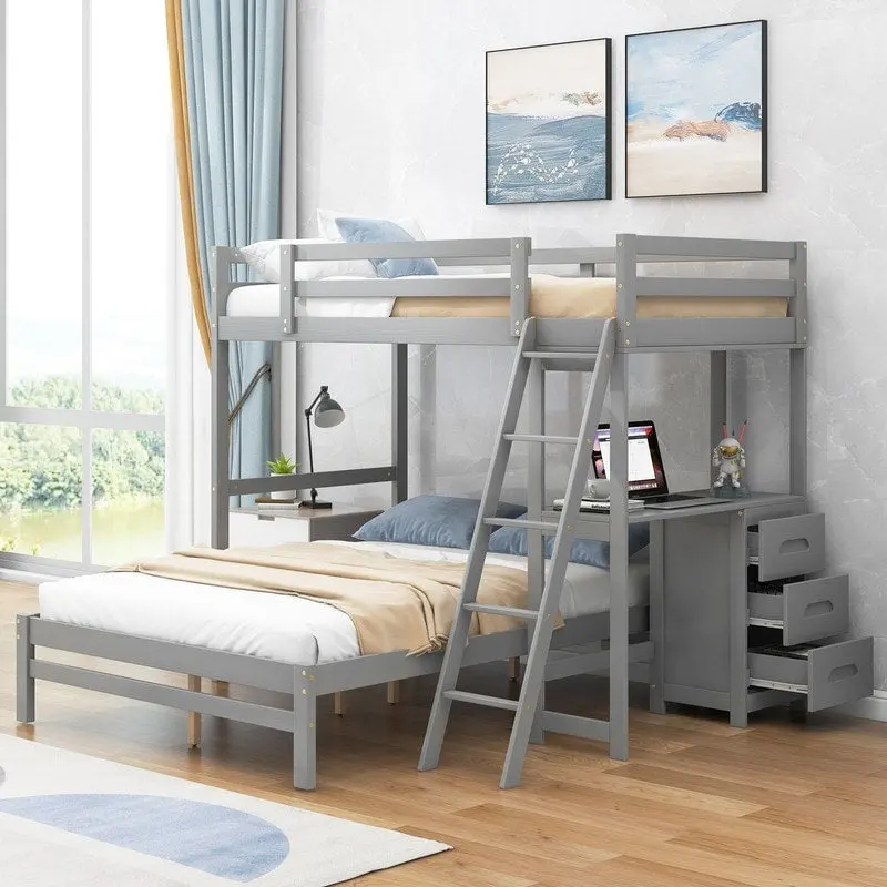 Twin over Full Bunk Bed with Built-in Desk,3 Drawers