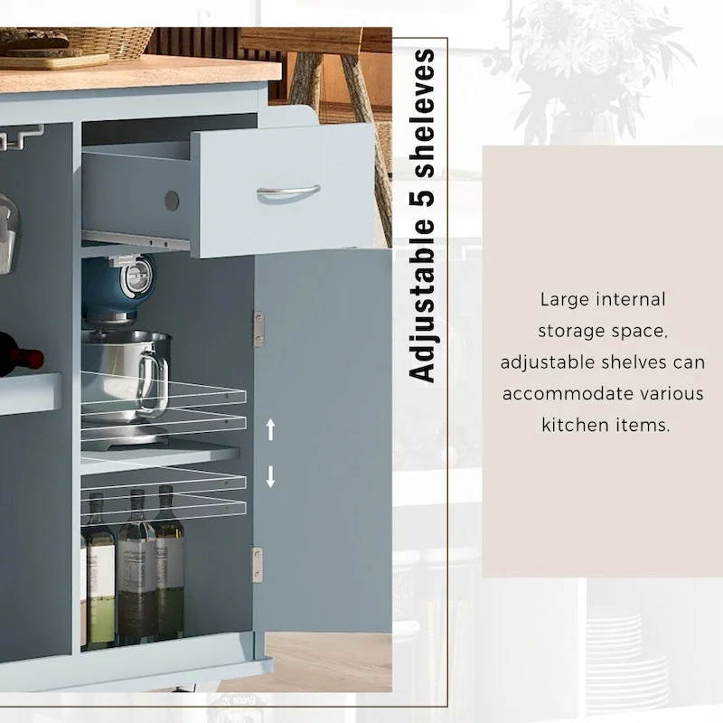 Rubber Wood Kitchen Cart with Adjustable Shelves and Wine Rack