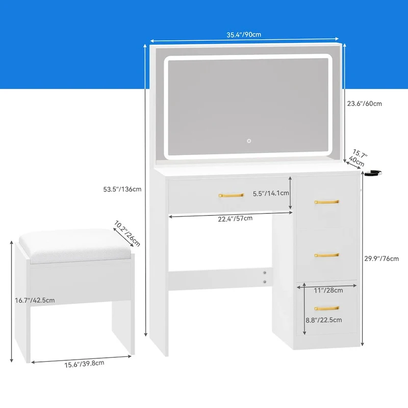 Moasis Vanity Set with Led Lights Makeup Desk Dressing Dresser Desk Table with 4 Drawer - 35.43 L x 15.74 W x 53.54 H
