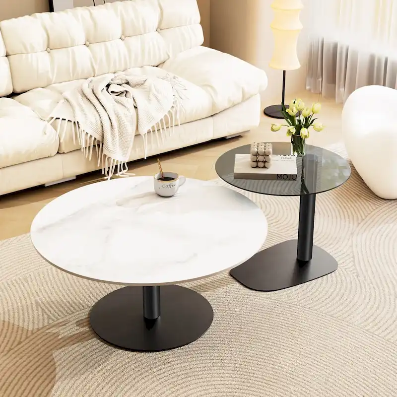 Set of 2 Modern Stacking Round Coffee Table Side Table Set with Slate Glass Top